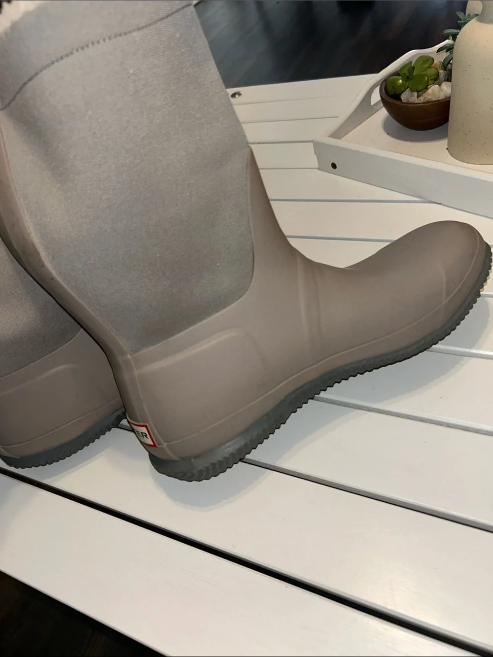 Hunter Taupe Short Rain Boots with Cream Fleece Lining